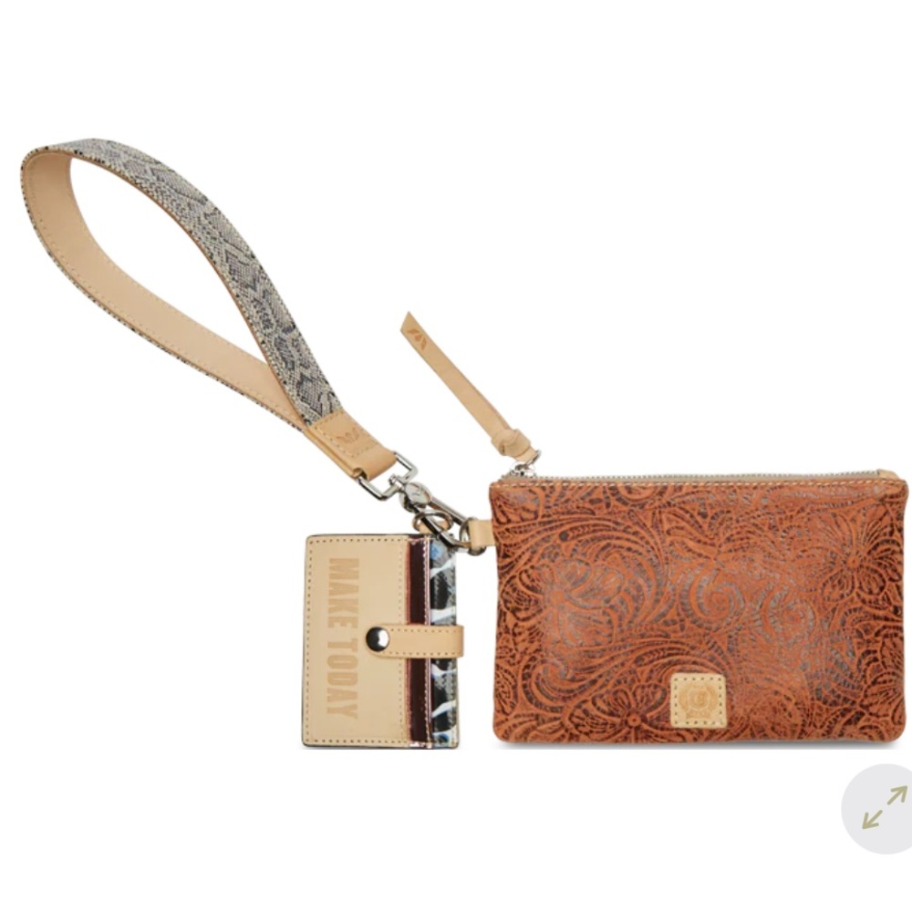 Consuela Brown Tooled Leather Wristlet with Tan Card Holder